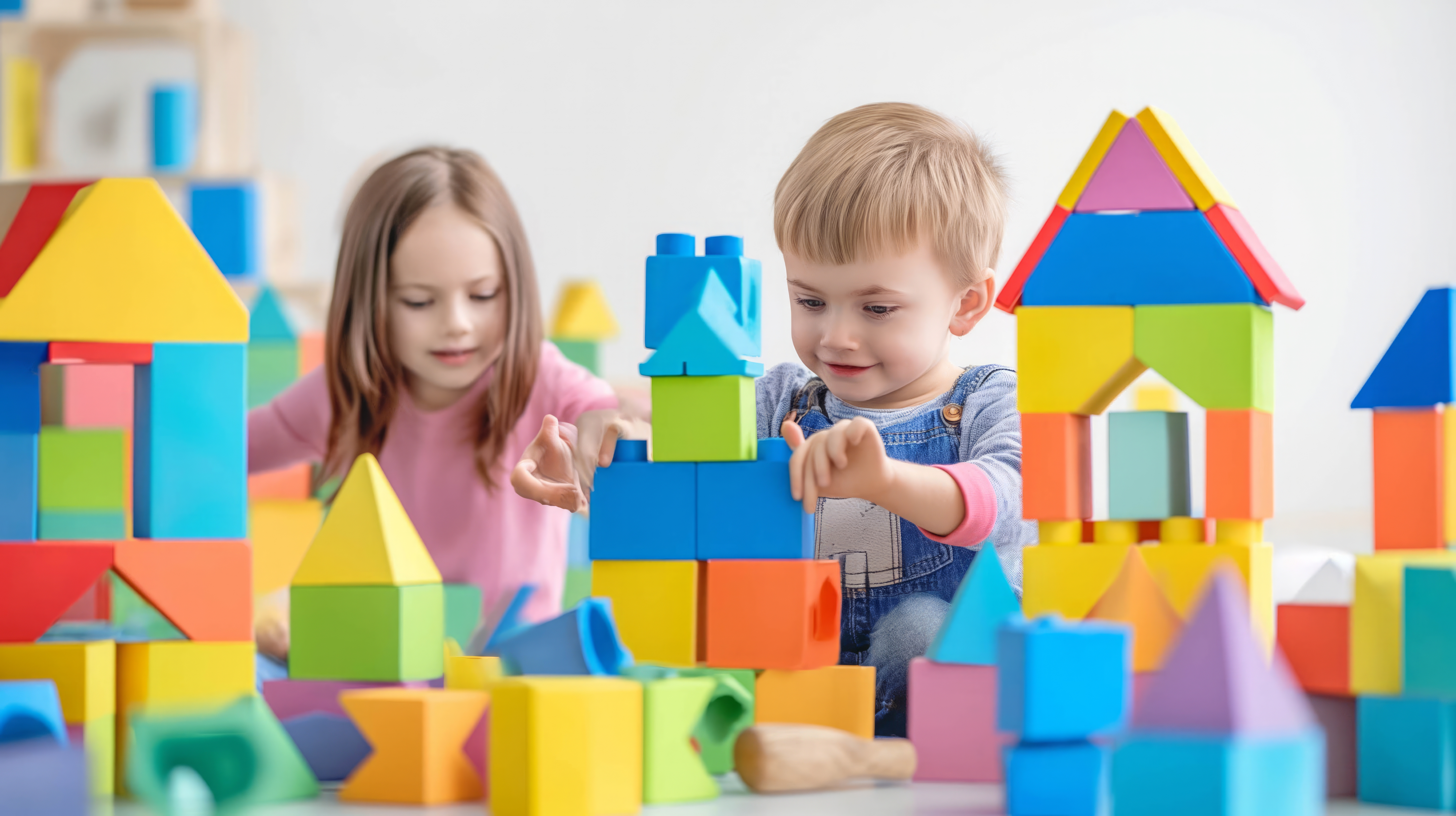Niños jugando con bloques de colores por la mañana